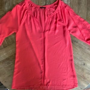 Women’s coral/peach chiffon blouse - great sleeve detail - xs fits more like m